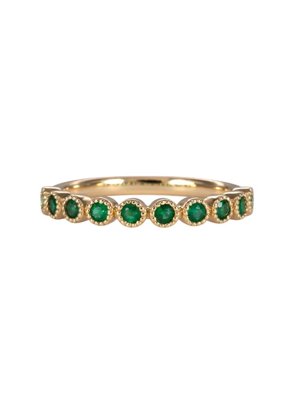 Natural Round Zambian Emerald Band in Solid 14K Yellow Gold with Milgrain Design